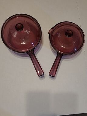 Vintage Visions PYREX CORNING WAR Amethyst Glass Sauce 1 L & 1.5 L Pans w Lid